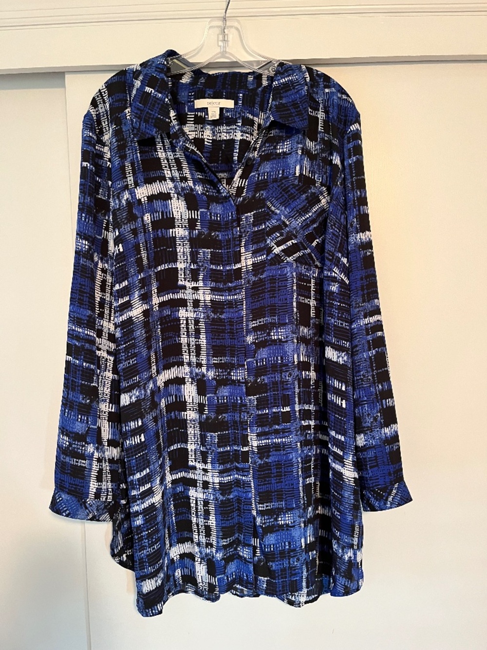 Sejour Plus Size 20W Blue Abstract Plaid Button Front Tunic Blouse